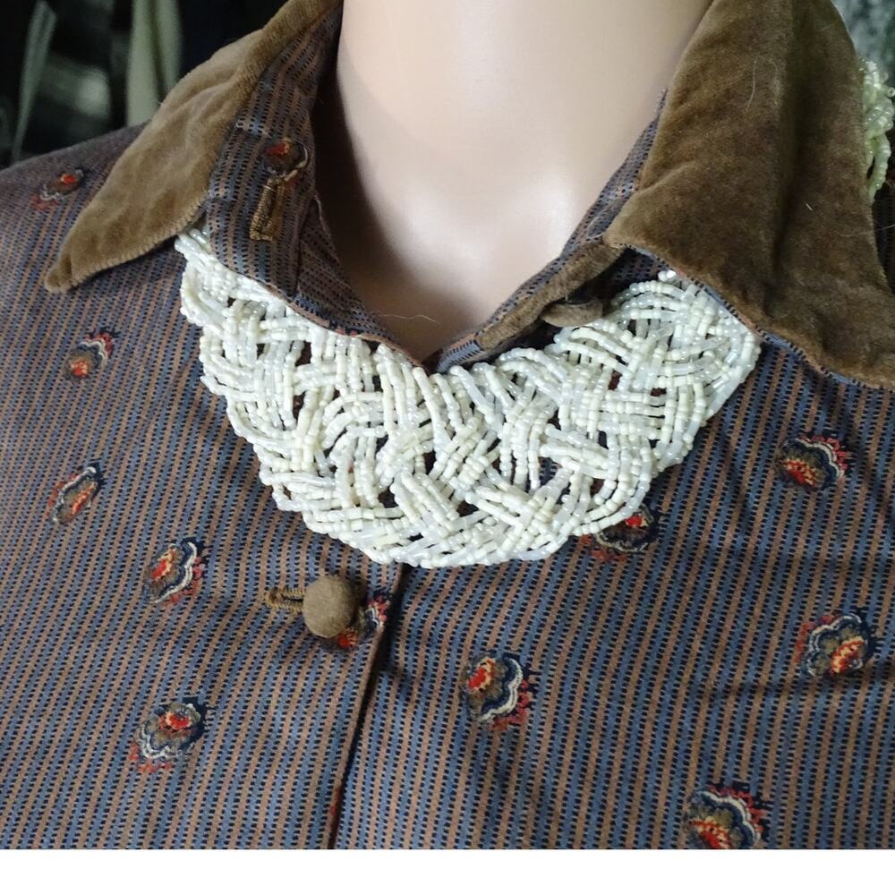 Vintage 70s 80s Ivory Cream Braided Seed Bead Bib Statement Necklace 19"-23"